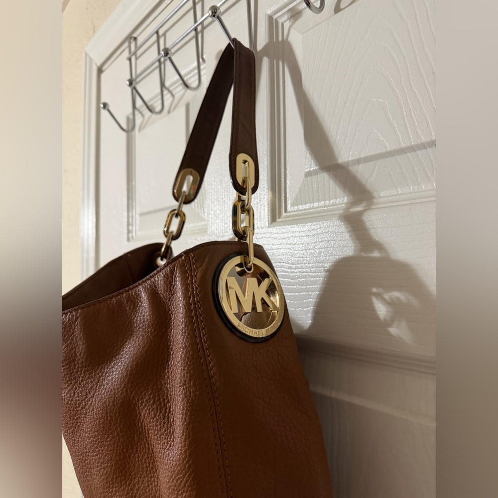 Michael Kors Cognac Leather Shoulder Bag with Gold MK Charm - Picture 2 of 10